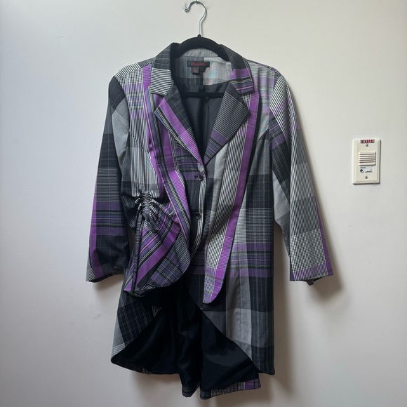 Simon Chang Purple Tartan Asymmetrical Blazer with Ties - Picture 1 of 5